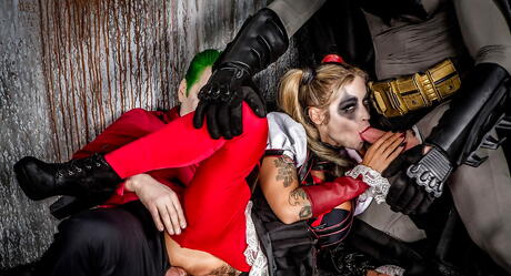 Alluring american milf Kleio Valentien in cosplay outfit enjoy amazing threesome sex scene outdoor